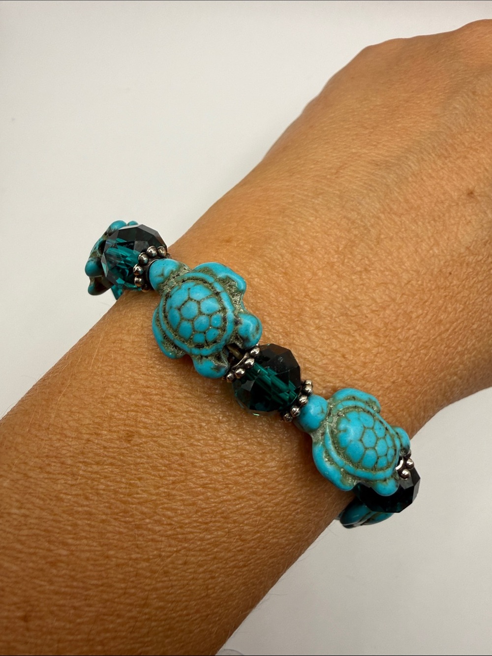 Vintage Turquoise Blue Turtle Beaded Bangle Cuff Statement Bracelet